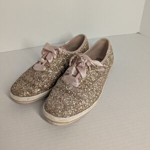 Kate Spade for Keds New York Glitter Sneaker Rose Gold Pink Ribbon Laces Sz 7.5